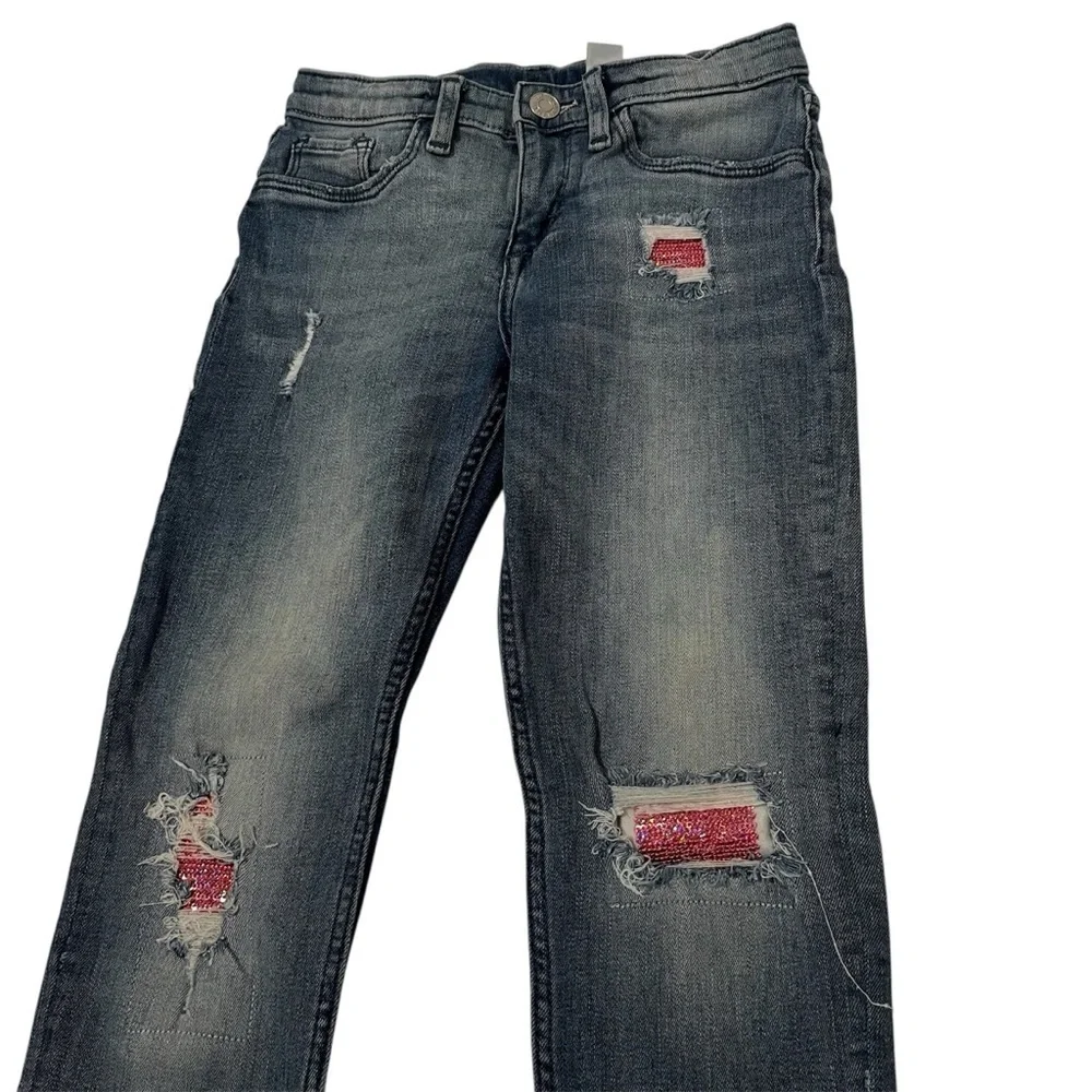 H&M Kids Blue Distressed Jeans with Pink Sequin Patches.
